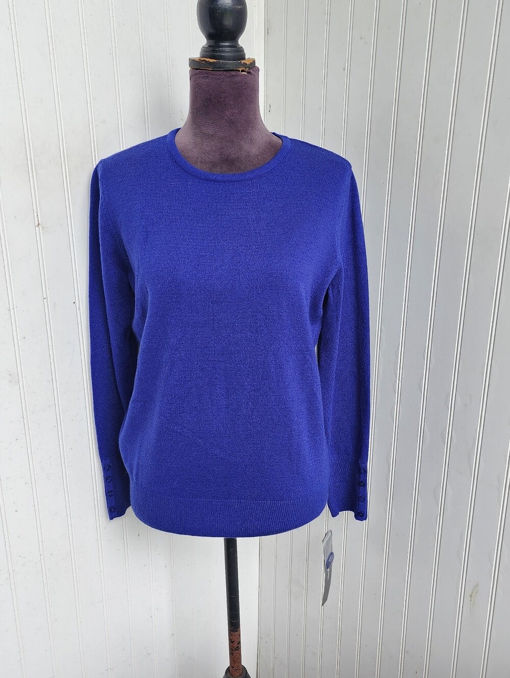 NWT JM Collection Cozy Crewneck Sweater Blue Sapphire Button Cuff Pullover PM